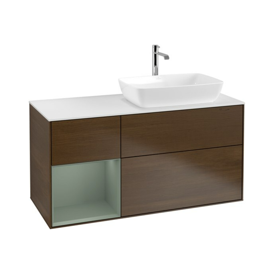 V&B Meuble sous lavabo Finion 120 cm, blanc, avec éclairage mural, tiroirs huilés, placage noyer veneer