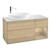 V&B Meuble sous lavabo Finion 120 cm, blanc, avec tiroir ouvert