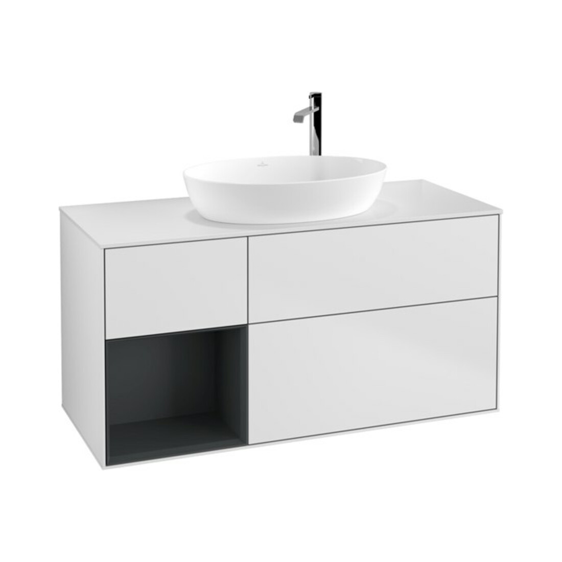 V&B Meuble sous lavabo Finion 120 cm, blanc brillant, avec étagère médiane laquée blanche