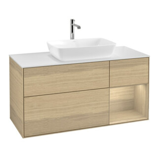 V&B Meuble sous lavabo Finion 120 cm, blanc brillant, avec tiroir ouvert