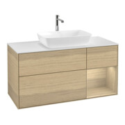 V&B Meuble sous lavabo Finion 120 cm, blanc brillant, avec tiroir ouvert