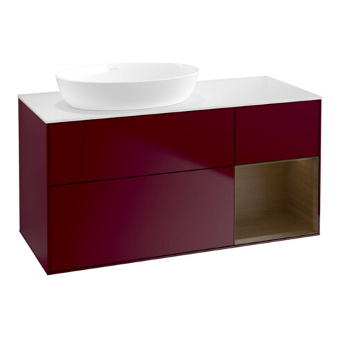 V&B Meuble sous-lavabo Finion 120 cm, blanc brillant, chêne sauvage, poignée métal