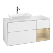 V&B Meuble sous lavabo Finion 120 cm, blanc brillant, éclairage mural, étagère ouverte, laqué blanc brillant