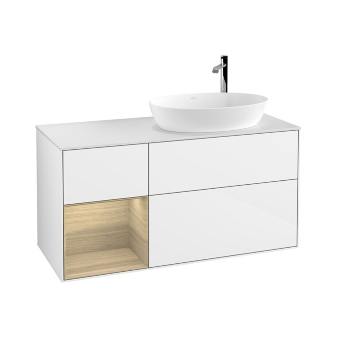 V&B Meuble sous lavabo Finion 120 cm, blanc brillant, éclairage mural, poignée Oa ven, laque blanche brillante