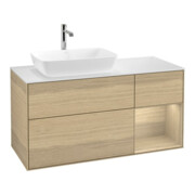 V&B Meuble sous lavabo Finion 120 cm, blanc brillant, éclairage mural, réglette Oaven
