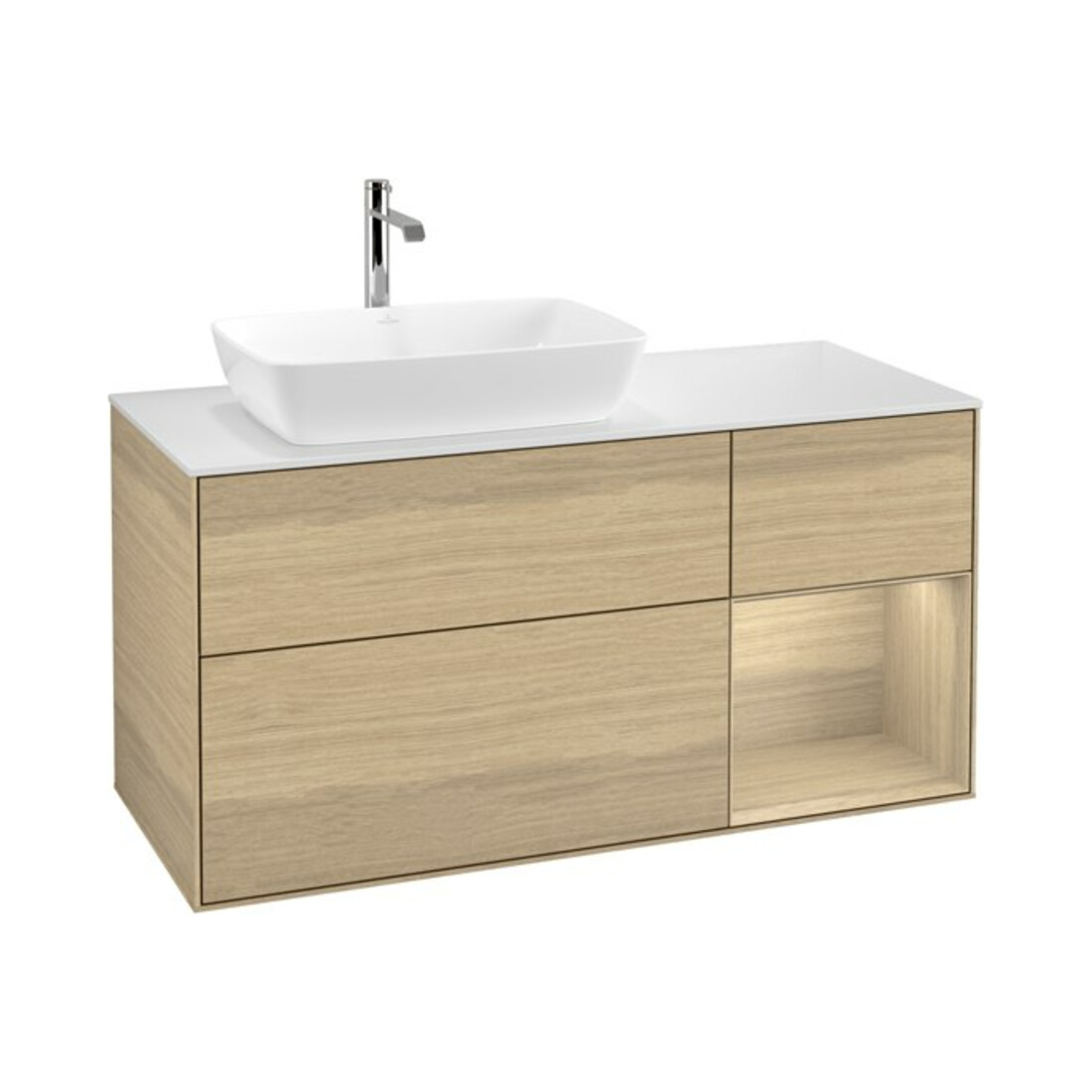 V&B Meuble sous lavabo Finion 120 cm, blanc brillant, éclairage mural, réglette Oaven