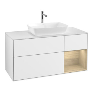 V&B Meuble sous lavabo Finion 120 cm, blanc brillant, éclairage mural, régulateur Oa ven, laque blanche