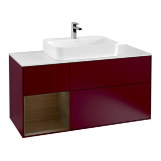 V&B Meuble sous lavabo Finion 120 cm, blanc brillant, étagère gauche, miroir avec éclairage mural