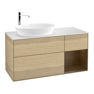 V&B Meuble sous-lavabo Finion 120 cm, blanc brillant, façade noyer, poignée noyer