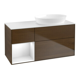 V&B Meuble sous lavabo Finion 120 cm, blanc brillant, laqué, noyer veneer