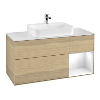 V&B Meuble sous lavabo Finion 120 cm, blanc brillant, laqué, ouverture à gauche