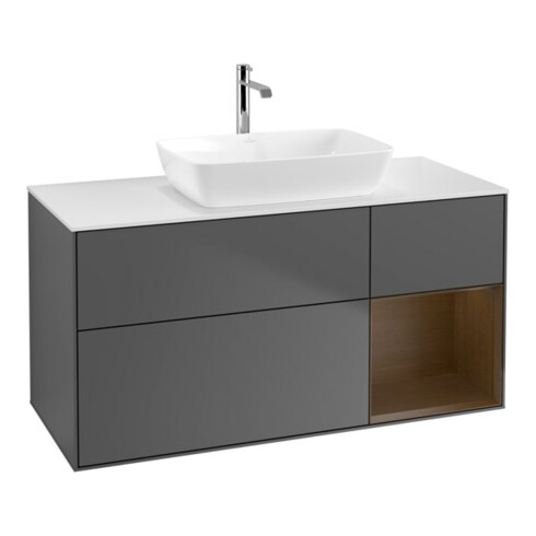 V&B Meuble sous lavabo Finion 120 cm, blanc brillant, plan en noyer, anthracite mat