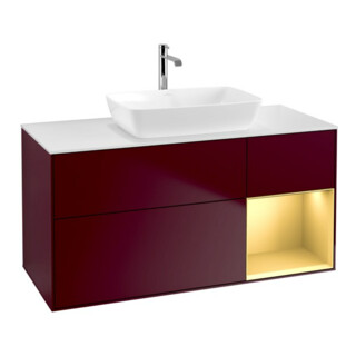 V&B Meuble sous-lavabo Finion 120 cm, blanc brillant, poignée or mat, pieds m