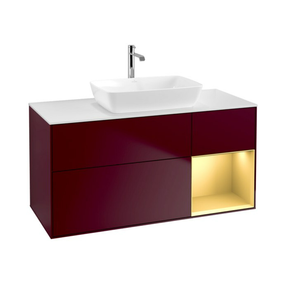 V&B Meuble sous-lavabo Finion 120 cm, blanc brillant, poignée or mat, pieds m