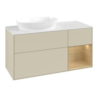 V&B Meuble sous-lavabo Finion 120 cm, blanc brillant, porte battante, gris mat laqué