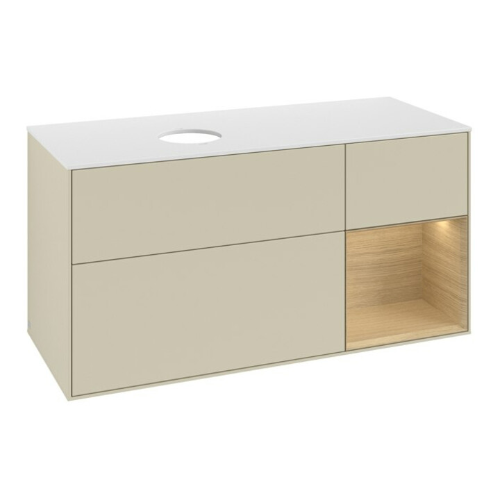 V&B Meuble sous-lavabo Finion 120 cm, blanc brillant, porte battante, gris mat laqué