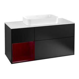 V&B Meuble sous-lavabo Finion 120 cm, blanc brillant, porte gauche, bleu mat laqué, éclairage mural