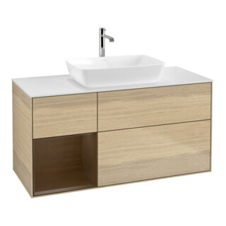 V&B Meuble sous lavabo Finion 120 cm, blanc brillant, rangement noyer, éclairage mural