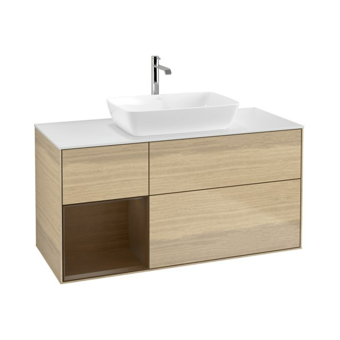 V&B Meuble sous lavabo Finion 120 cm, blanc brillant, rangement noyer, éclairage mural