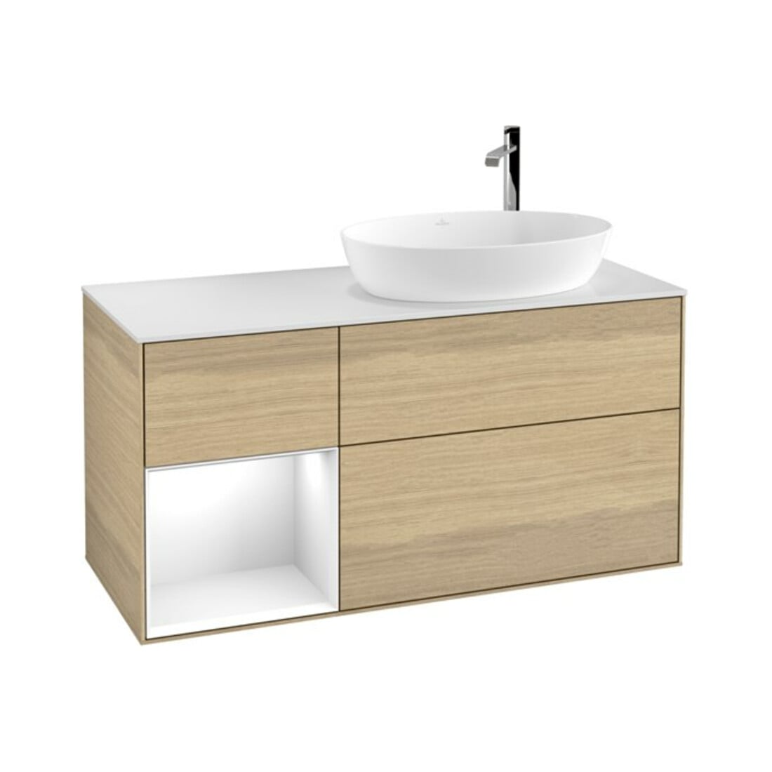 V&B Meuble sous lavabo Finion 120 cm, Blanc brillant, Réglette LED blanche, Venise