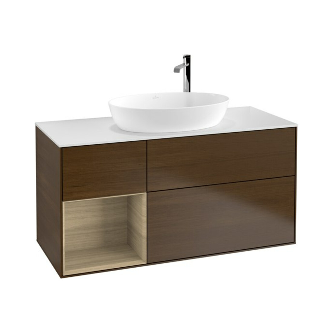 V&B Meuble sous lavabo Finion 120 cm, blanc brillant, réglette LED, noyer veneer