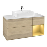 V&B Meuble sous lavabo Finion 120 cm, blanc brillant, tiroir à droite, poignée ven