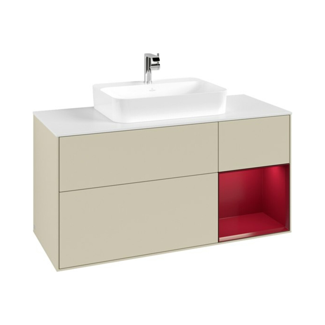 V&B Meuble sous lavabo Finion 120 cm, blanc brillant, tiroir droit Peo, gris mat laqué