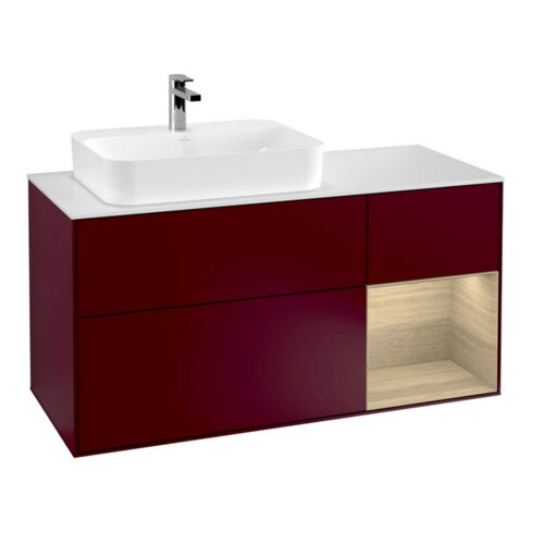 V&B Meuble sous-lavabo Finion 120 cm, blanc brillant, tiroir droite, poignée métal