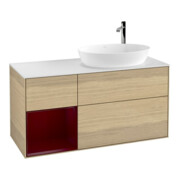 V&B Meuble sous lavabo Finion 120 cm, blanc brillant, tiroirs laqués, éclairage mural