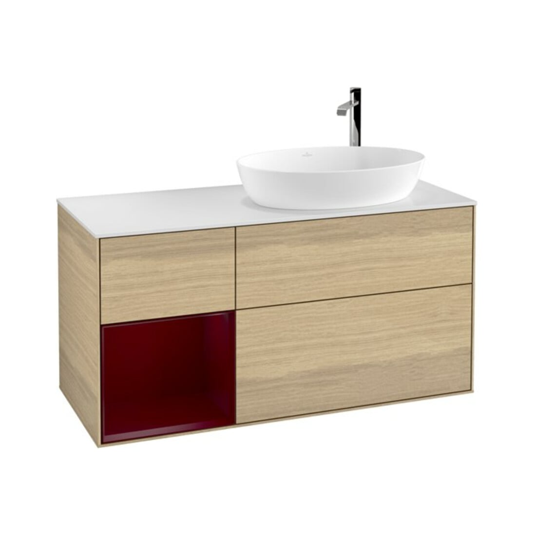 V&B Meuble sous lavabo Finion 120 cm, blanc brillant, tiroirs laqués, éclairage mural
