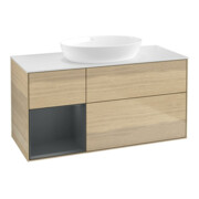 V&B Meuble sous lavabo Finion 120 cm, blanc brillant, tiroirs médium, venis ouvert