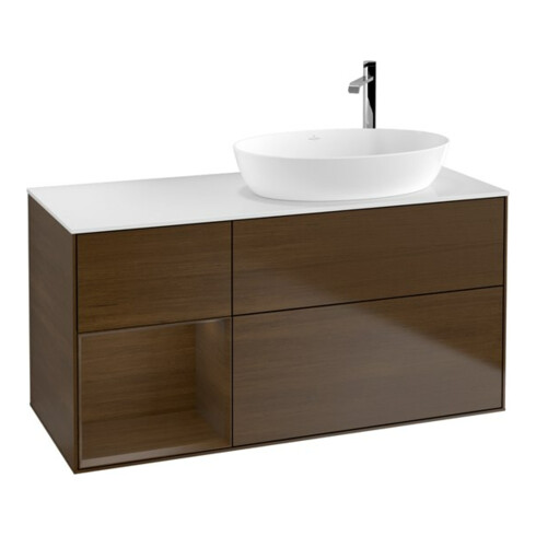 V&B Meuble sous-lavabo Finion 120 cm, blanc, éclairage mural, noyer ven.