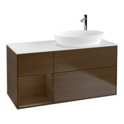 V&B Meuble sous-lavabo Finion 120 cm, blanc, éclairage mural, noyer ven.