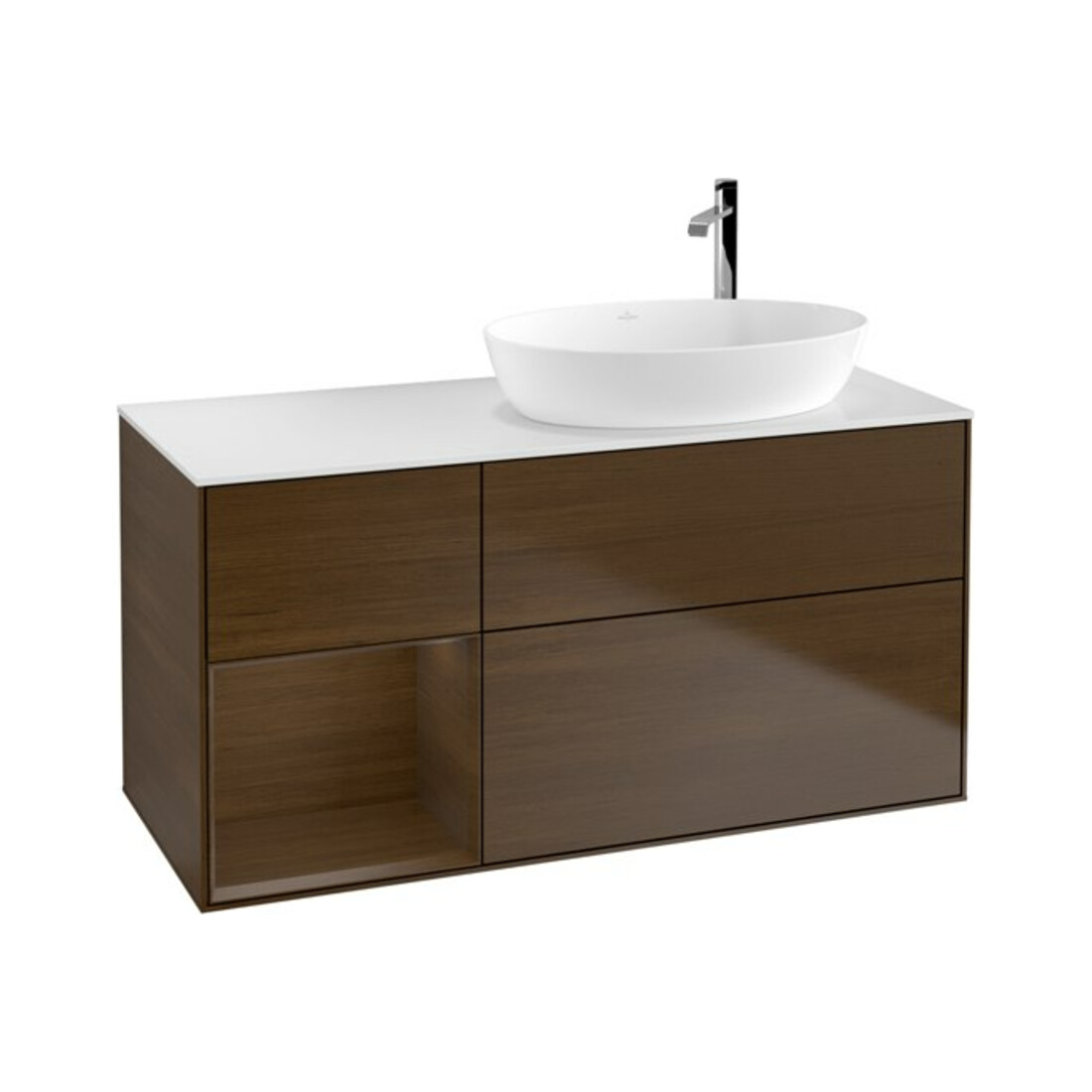 V&B Meuble sous-lavabo Finion 120 cm, blanc, éclairage mural, noyer ven.
