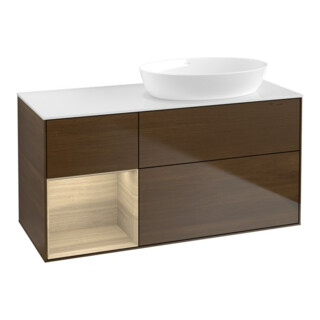 V&B Meuble sous lavabo Finion 120 cm, blanc, éclairage mural, rangement ouvert, noyer veneer