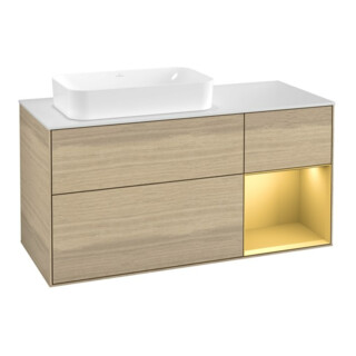 V&B Meuble sous lavabo Finion 120 cm, blanc, éclairage mural, réglette droite or, ventilation ouverte