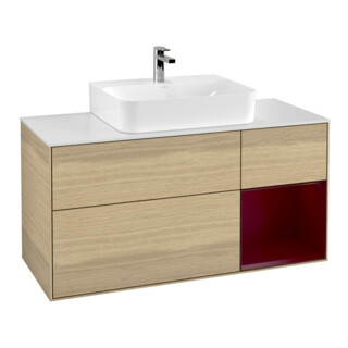 V&B Meuble sous-lavabo Finion 120 cm, blanc, éclairage mural, réglette droite Peo, Oa ven