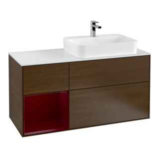 V&B Meuble sous lavabo Finion 120 cm, blanc, éclairage mural, réglette gauche, noyer ven