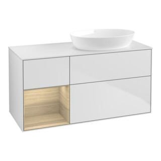 V&B Meuble sous lavabo Finion 120 cm, blanc, éclairage mural, réglette Oa ven, blanc laqué