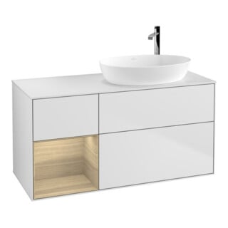 V&B Meuble sous-lavabo Finion 120 cm, blanc, éclairage mural, régulateur Oa ven, blanc laqué