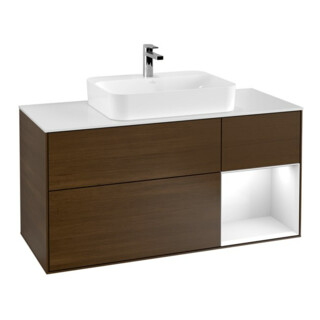 V&B Meuble sous lavabo Finion 120 cm, blanc, éclairage mural, tiroir droit, blanc brillant, noyer veneer