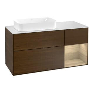 V&B Meuble sous-lavabo Finion 120 cm, blanc, éclairage mural, tiroir droit, veinage chêne