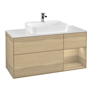 V&B Meuble sous lavabo Finion 120 cm, blanc, éclairage mural, tiroirs à droite