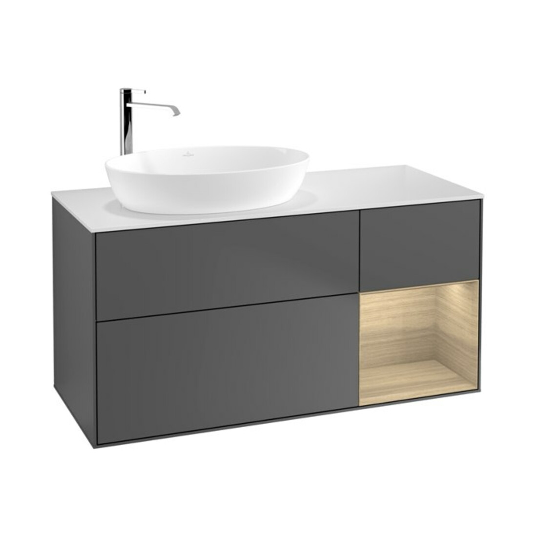 V&B Meuble sous lavabo Finion 120 cm, blanc, étagère ouverte, anthracite