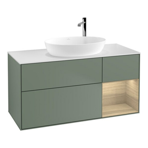 V&B Meuble sous lavabo Finion 120 cm, blanc mat, 1 tiroir, poignée olivier mat laqué