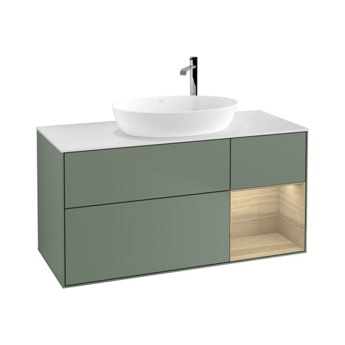V&B Meuble sous lavabo Finion 120 cm, blanc mat, 1 tiroir, poignée olivier mat laqué