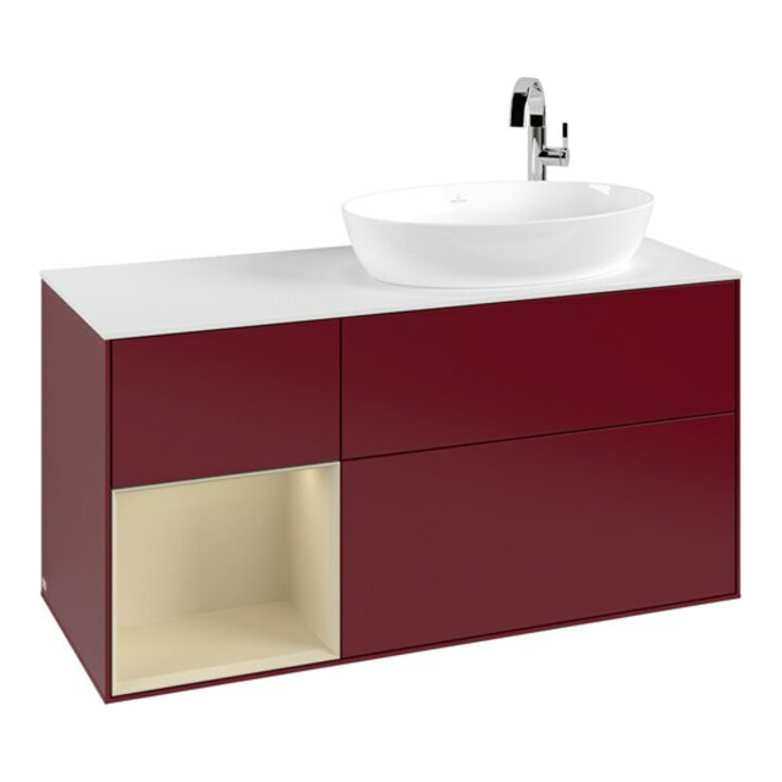 V&B Meuble sous lavabo Finion 120 cm, blanc mat, avec éclairage mural, poignée argent mat, miroir Peo m