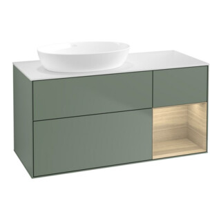 V&B Meuble sous lavabo Finion 120 cm, blanc mat, avec étagère ouverte, olivier mat laqué