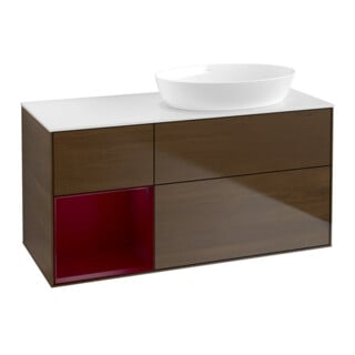 V&B Meuble sous lavabo Finion 120 cm, blanc mat, avec étagère, placage noyer veinée