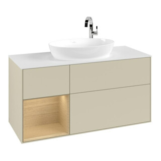 V&B Meuble sous lavabo Finion 120 cm, blanc mat, avec rangement ouvert, gris clair mat, laqué